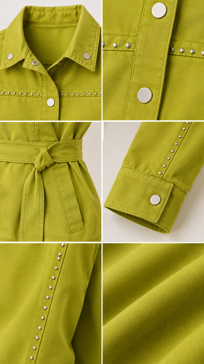 Close-up details of lime green jacket collar studs, snap buttons, cuff embellishments, and fabric texture