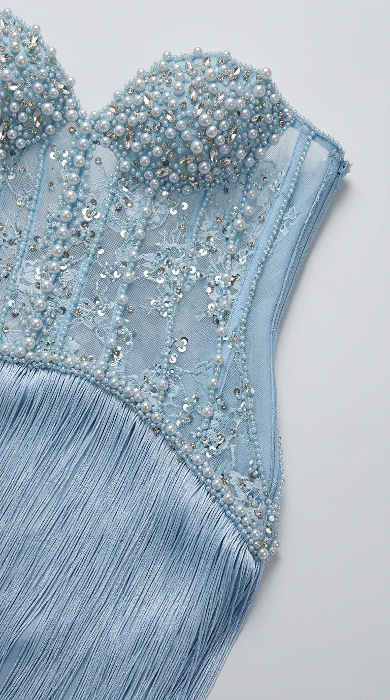Close-up detail of the sheer mesh bodice with pearls, sequins, boning, and fringe attachment