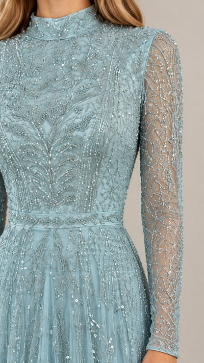 Close-up detail of high neck bodice and sheer beaded sleeve in Dusty Blue