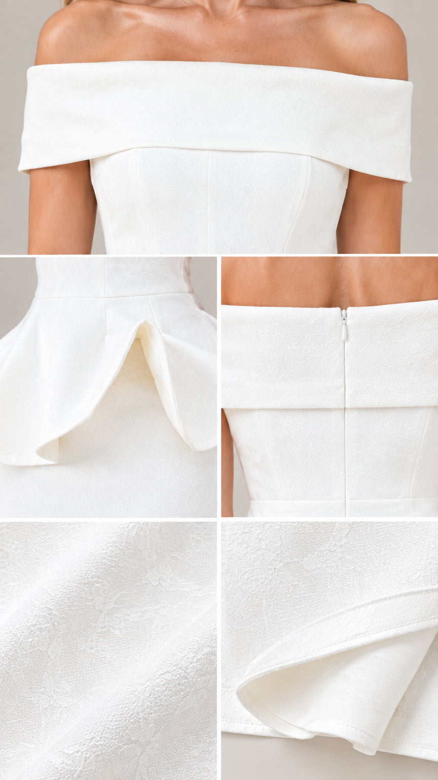 Close-up details of fold-over neckline, peplum waist, back zipper, and textured fabric