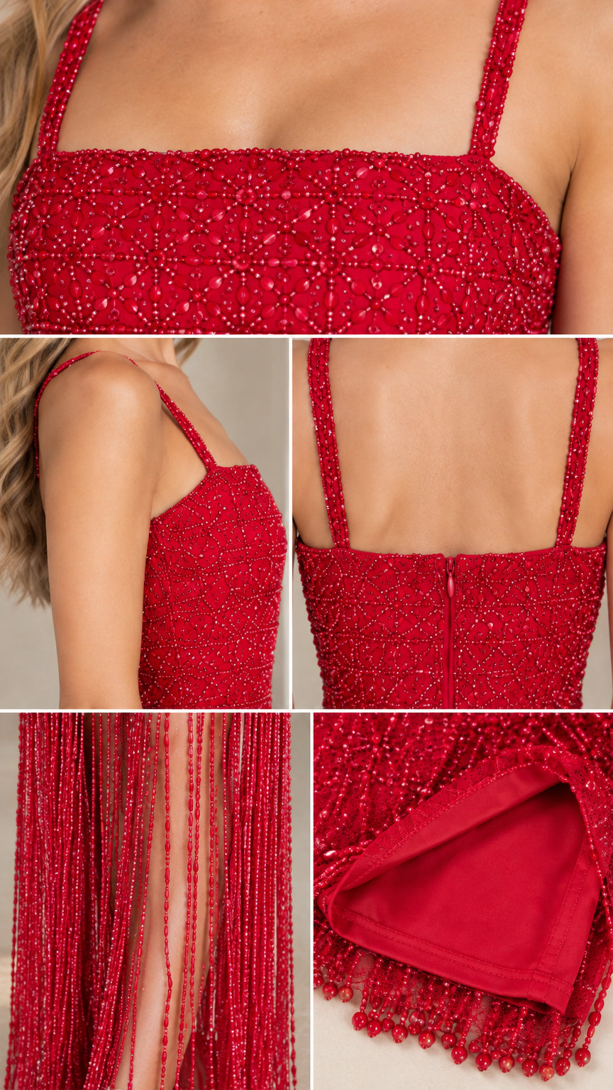 Close-up details of intricate beading, straps, back zipper, and fringe hem on Red dress