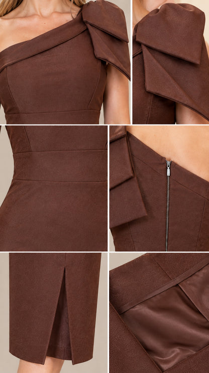 Close-up details of chocolate brown fabric, bow neckline, zipper, lining, and slit