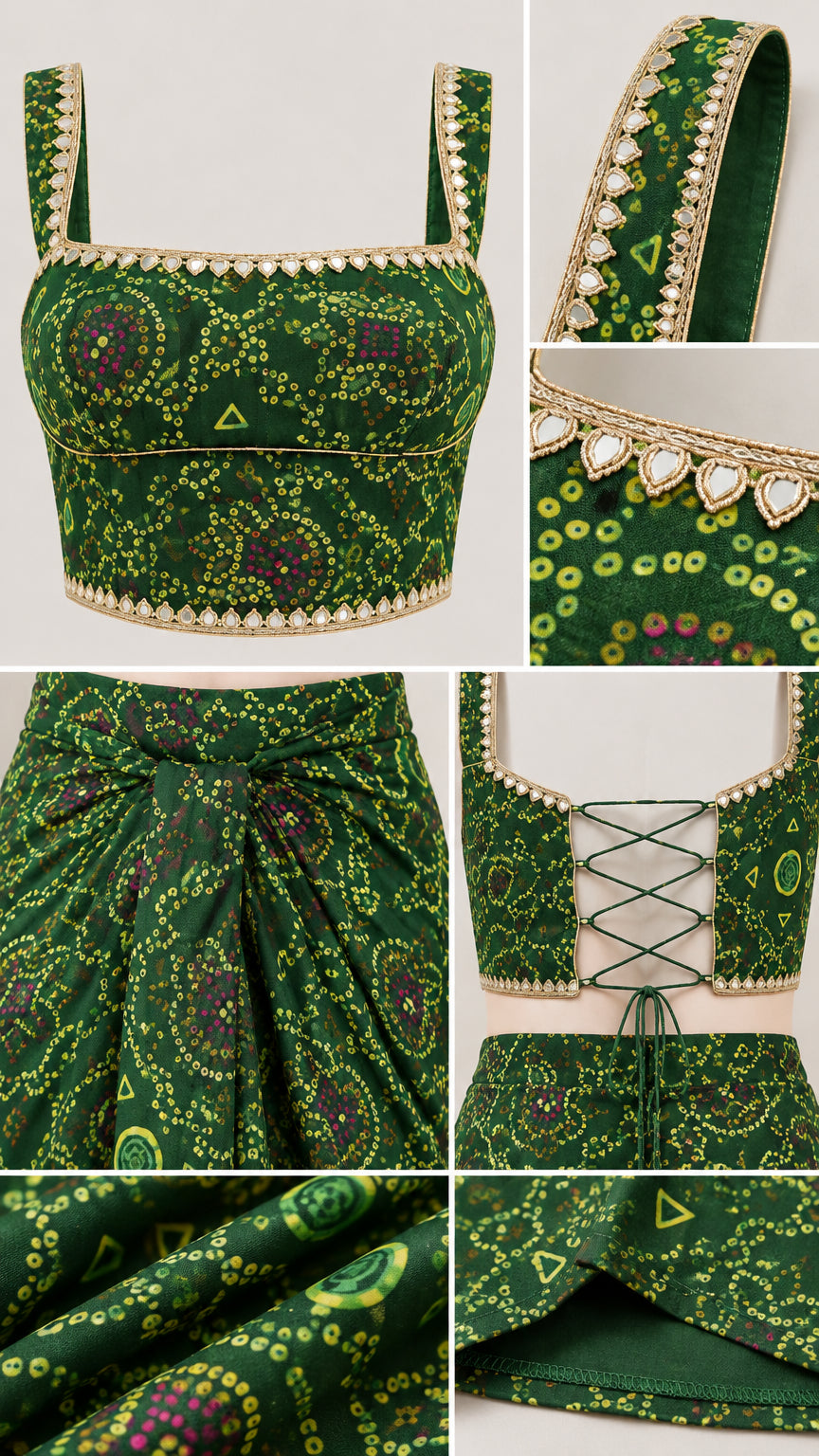 Close-up details of the decorative trim, knot drape, and printed fabric