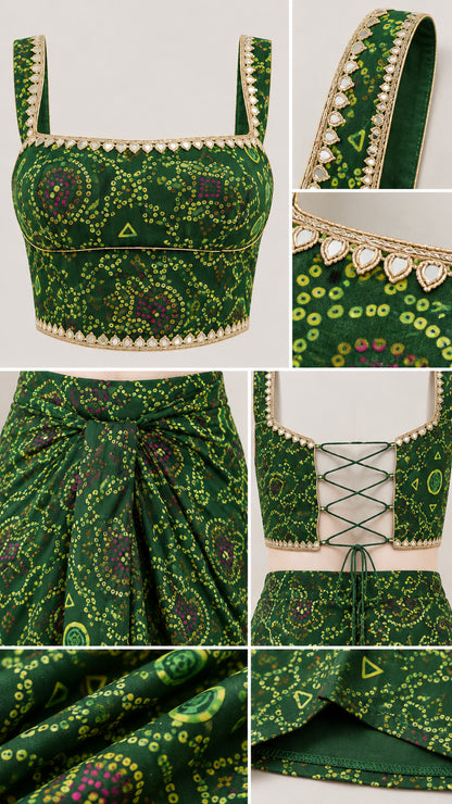 Close-up details of the decorative trim, knot drape, and printed fabric