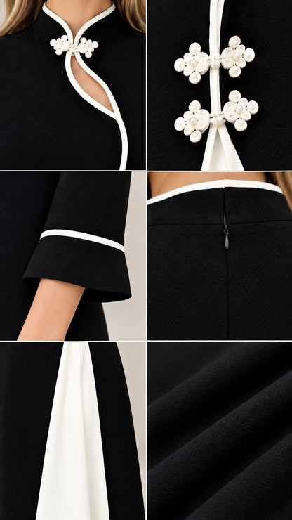 Close-up details of mandarin neckline, keyhole cutout, floral frog closures, cuff trim, and hidden zipper