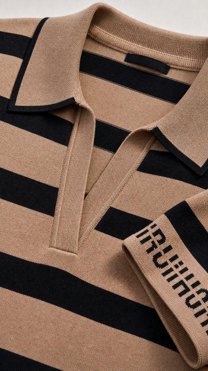 Close-up detail of the open polo collar and cuff text design on the Camel striped knit top