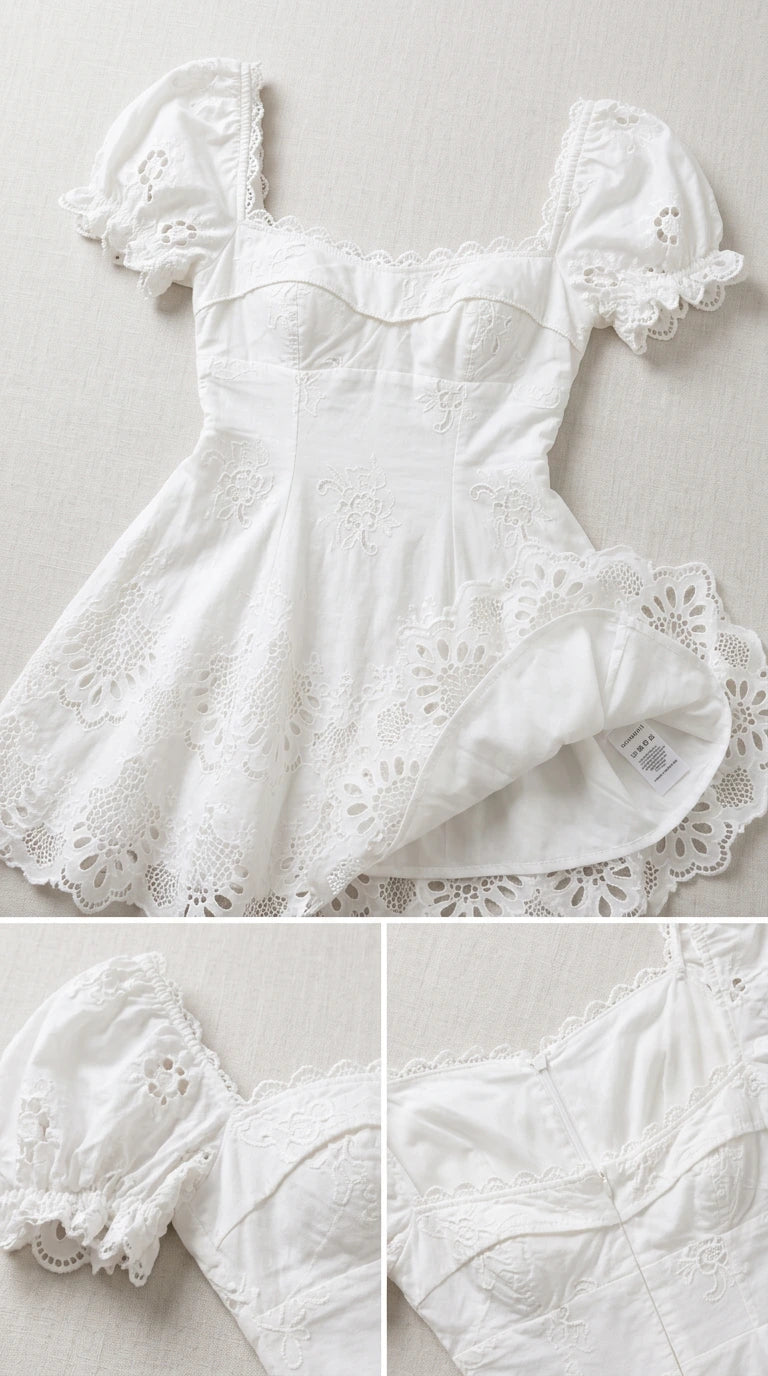 Flat lay close-up view showing the neckline, bustier cups, lining, and embroidery details of the white dress