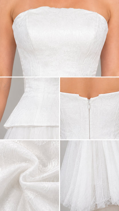 Close-up details of textured corset fabric, peplum seam, back zipper, and tulle layers