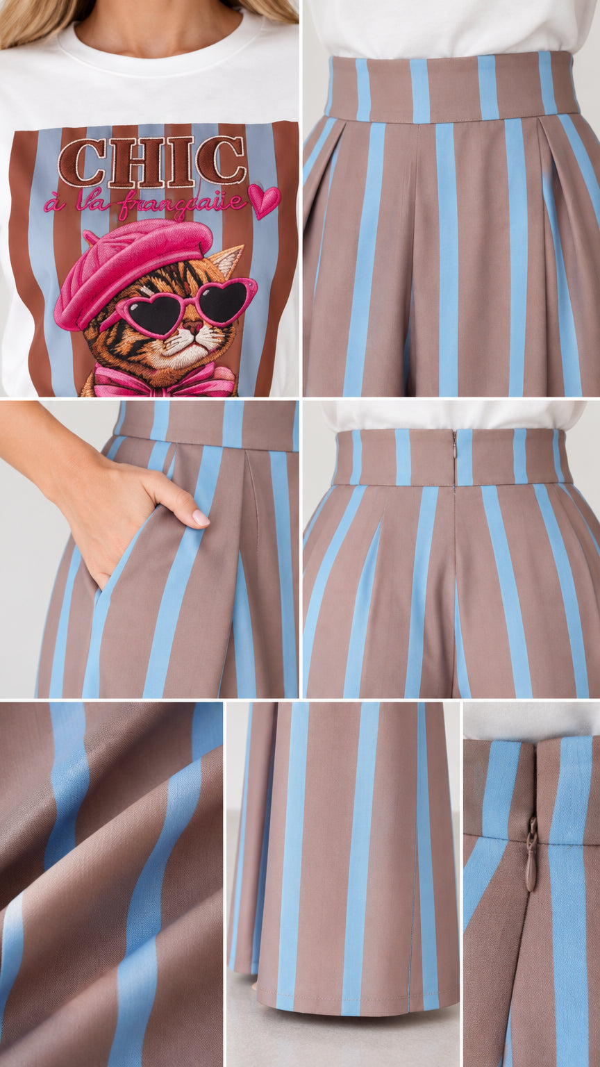 Detailed close-ups of graphic print, pleats, side pocket, fabric texture, and hidden zipper