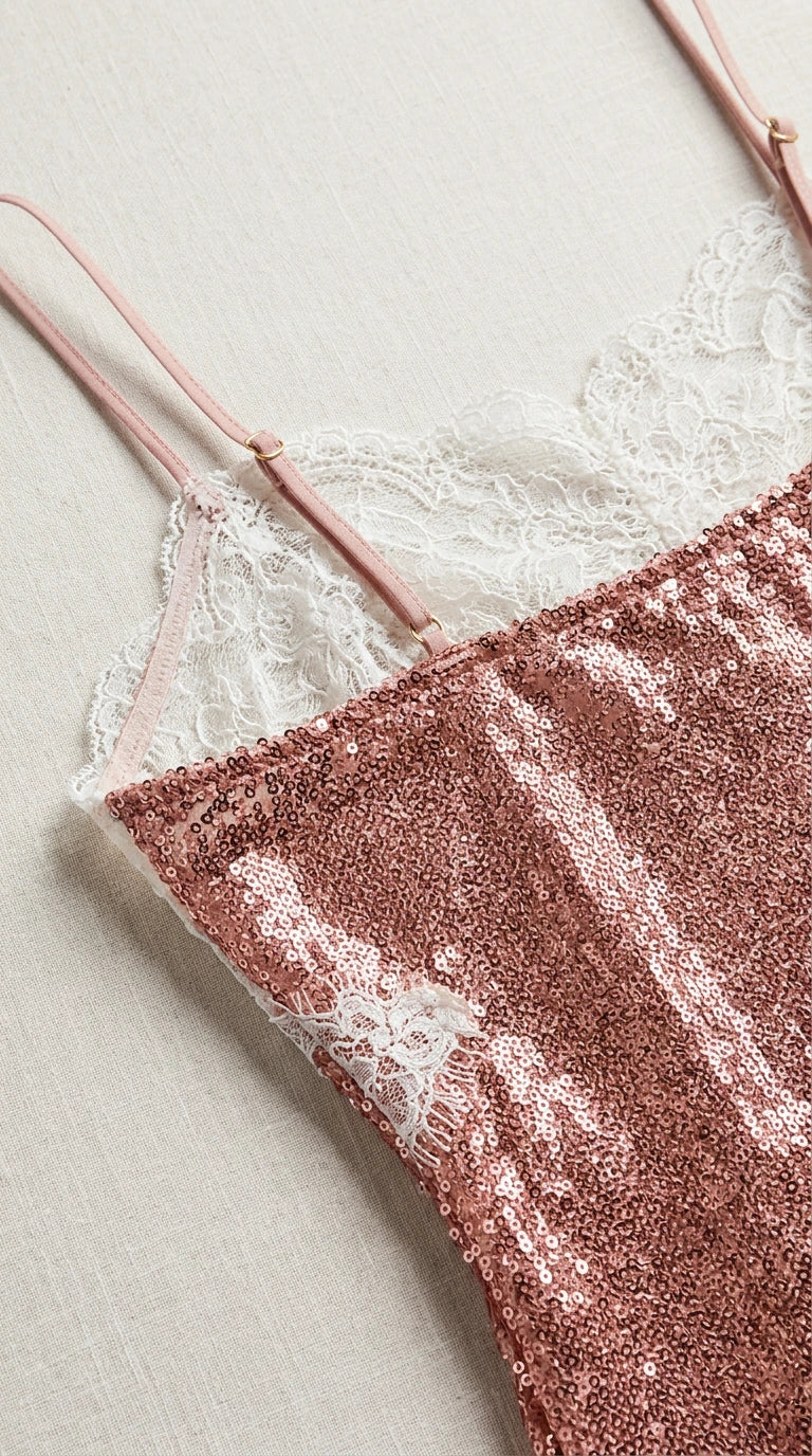 Close-up detail of white lace trim, spaghetti straps, and rose gold sequin fabric