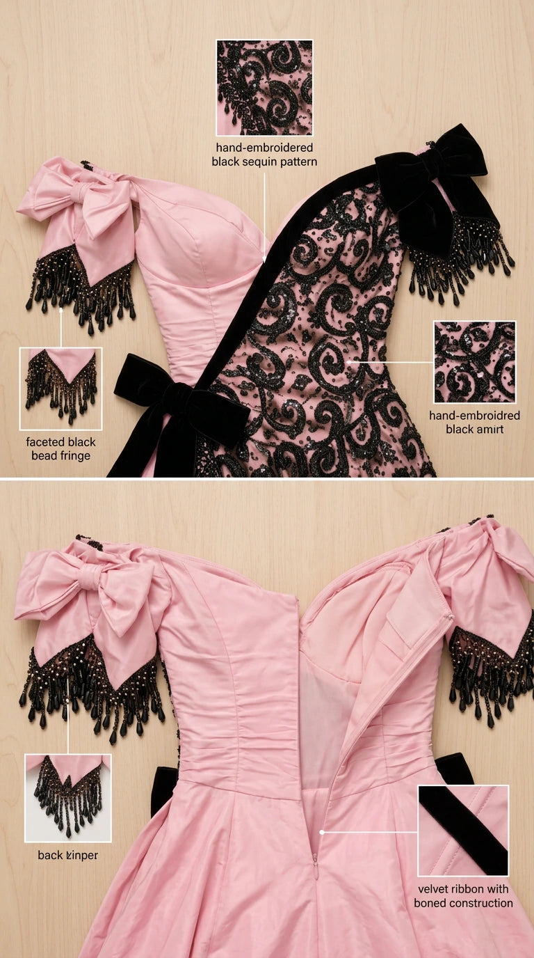 Close-up details of sequin lace embroidery, beaded fringe bows, and inner boned bodice construction