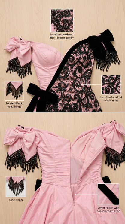 Close-up details of sequin lace embroidery, beaded fringe bows, and inner boned bodice construction