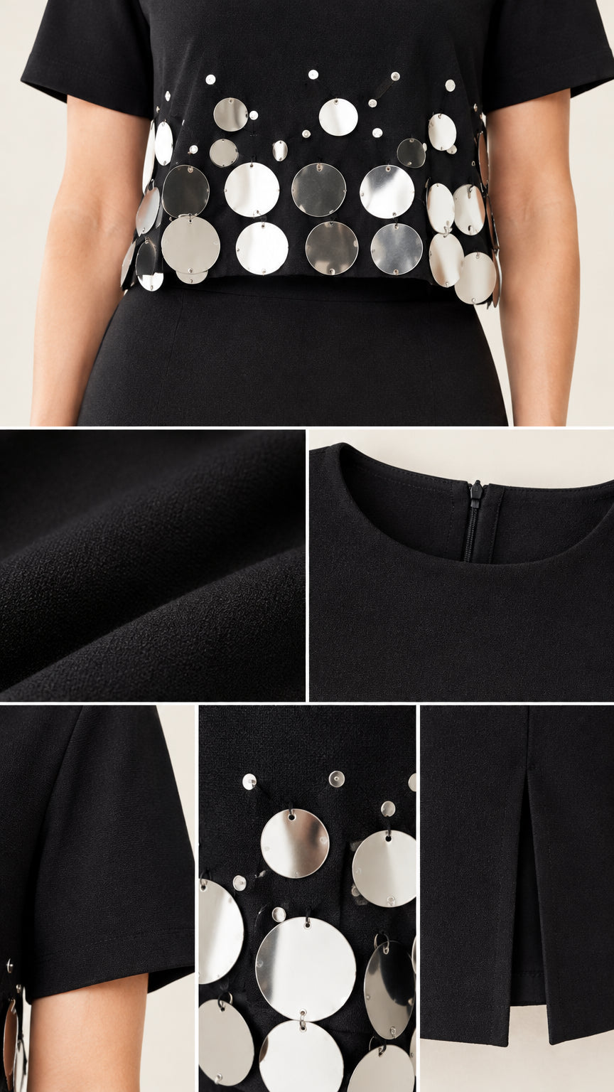 Close-up details of metallic paillettes, smooth fabric, and neckline zipper