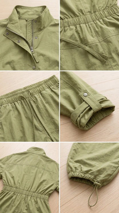 Close-up details of collar zipper, drawstring waistband, snap cuffs, and ankle toggle