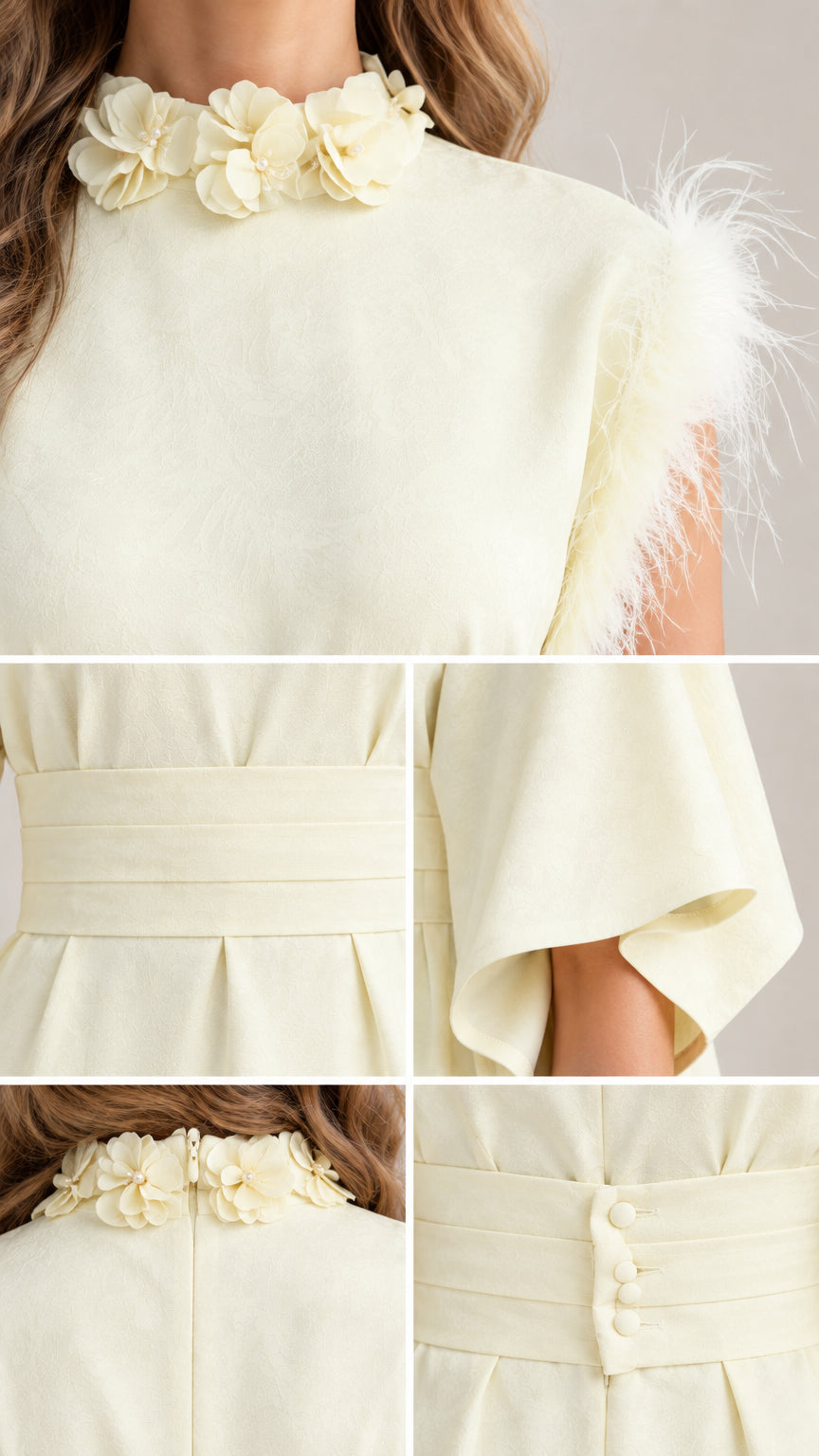 Detailed close-up collage of 3D floral collar, feather trim shoulder, and back button waist