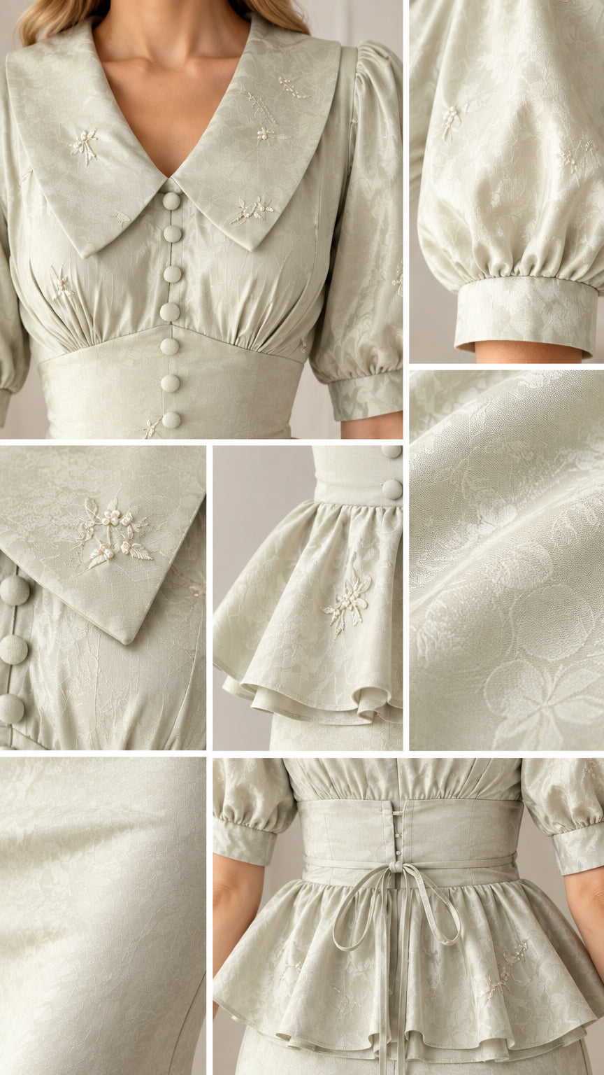 Close-up details of embroidered collar, fabric texture, and button accents