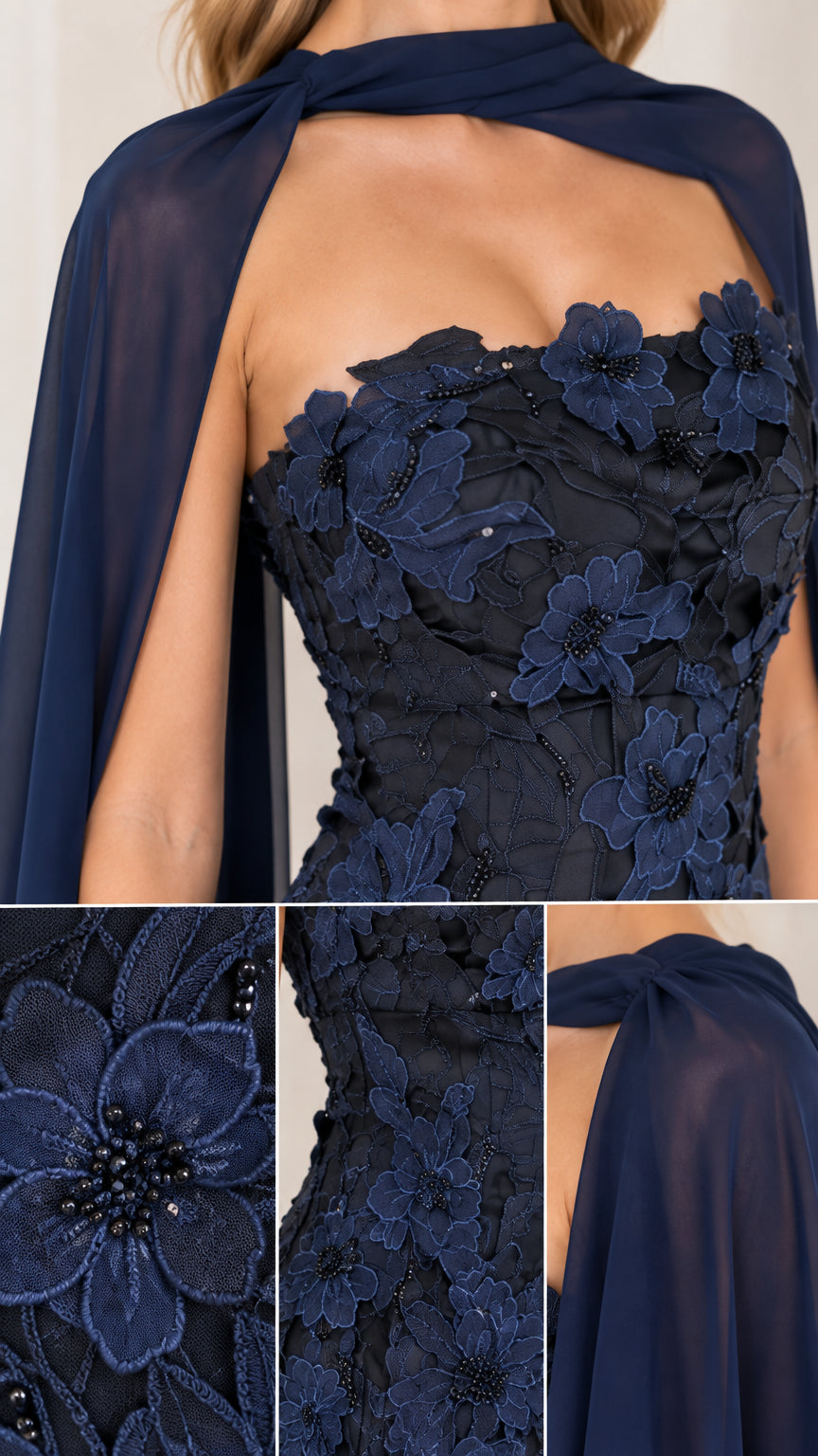 Detailed Close-Up of Navy Blue 3D Floral Appliques, Beading, and Cape Neckline