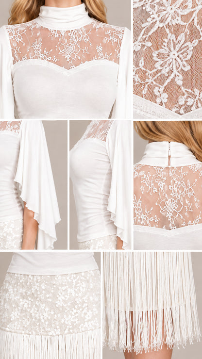 Close-up details of white floral lace neckline, capelet sleeve, and fringe skirt