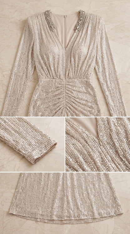 Close-up details of beaded neckline, sequin cuff, and ruched bodice