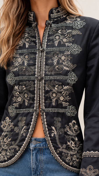 Close-up detail of ornate floral embroidery and beaded center placket on black jacket