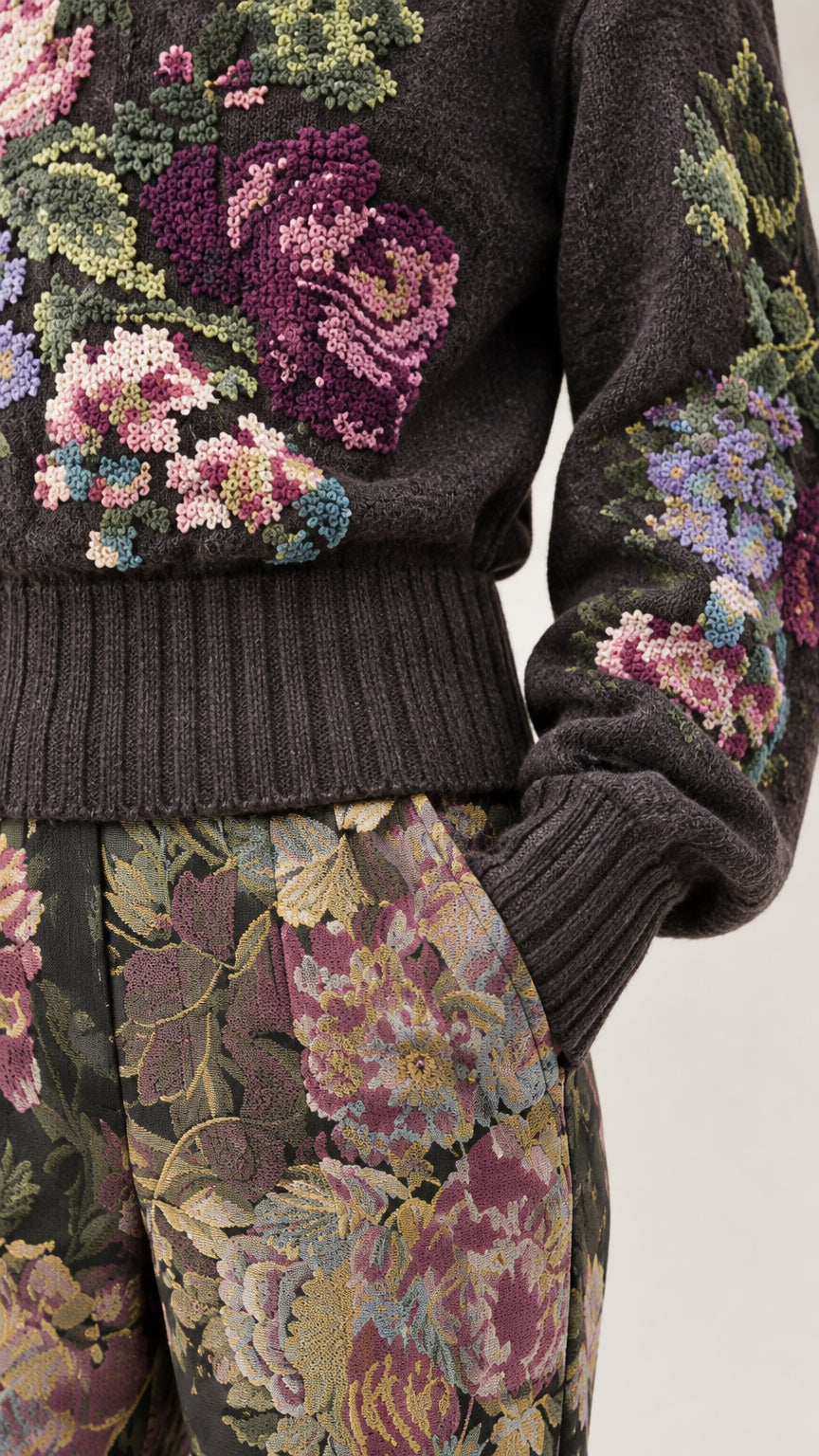 Close-up detail of intricate floral knit embroidery and trousers fabric texture