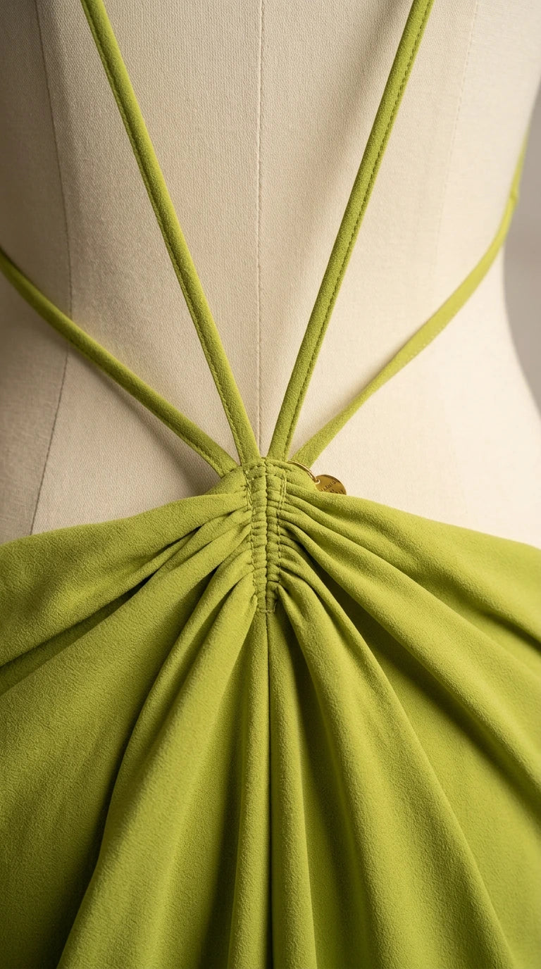 Close Up of Ruched Gathering and Straps on Lime Green Gown