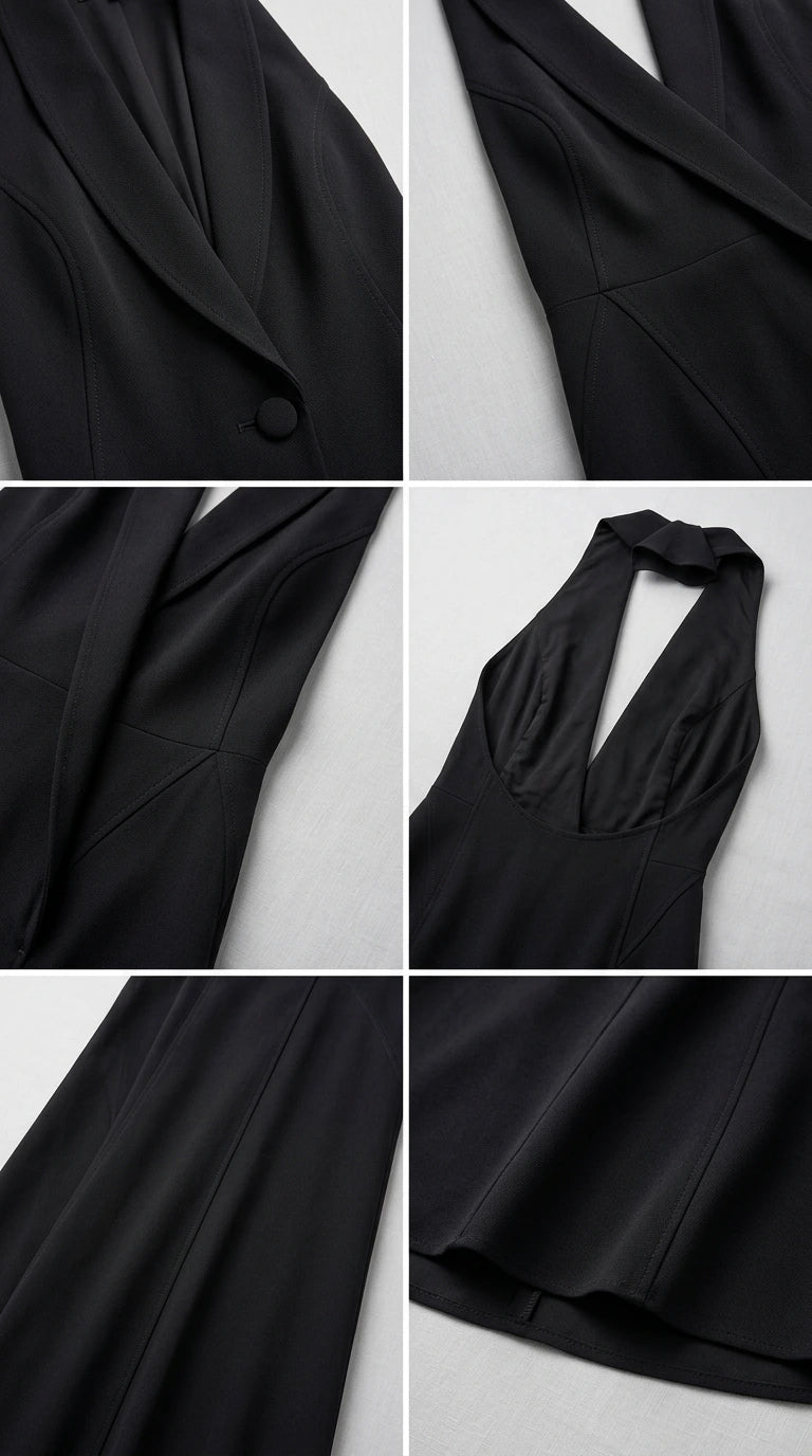 Close-up detail of black tuxedo lapel collar and tailored seams