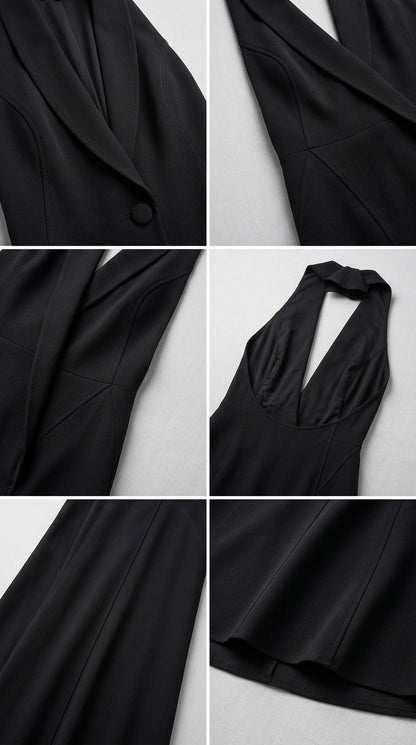 Close-up detail of black tuxedo lapel collar and tailored seams