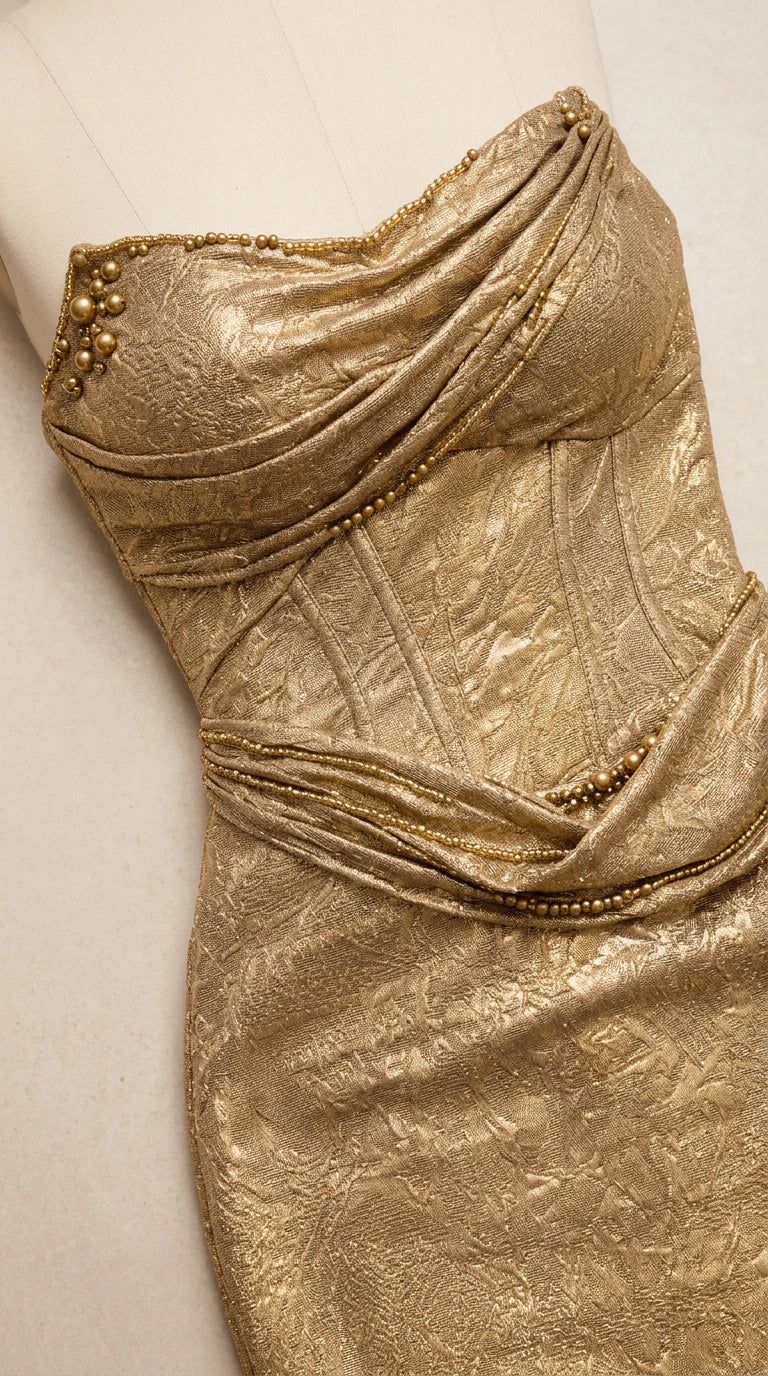 Close-up detail of gold metallic draped bodice with beaded trim and corset seaming