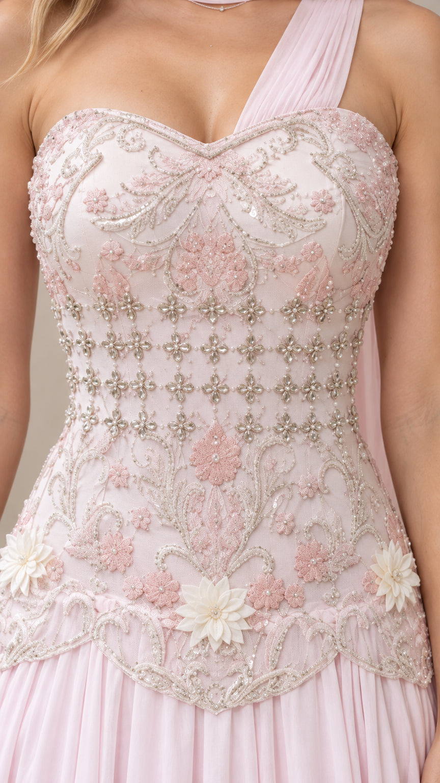 Close-up detail of blush pink corset bodice with intricate floral beading and 3D flower appliqués