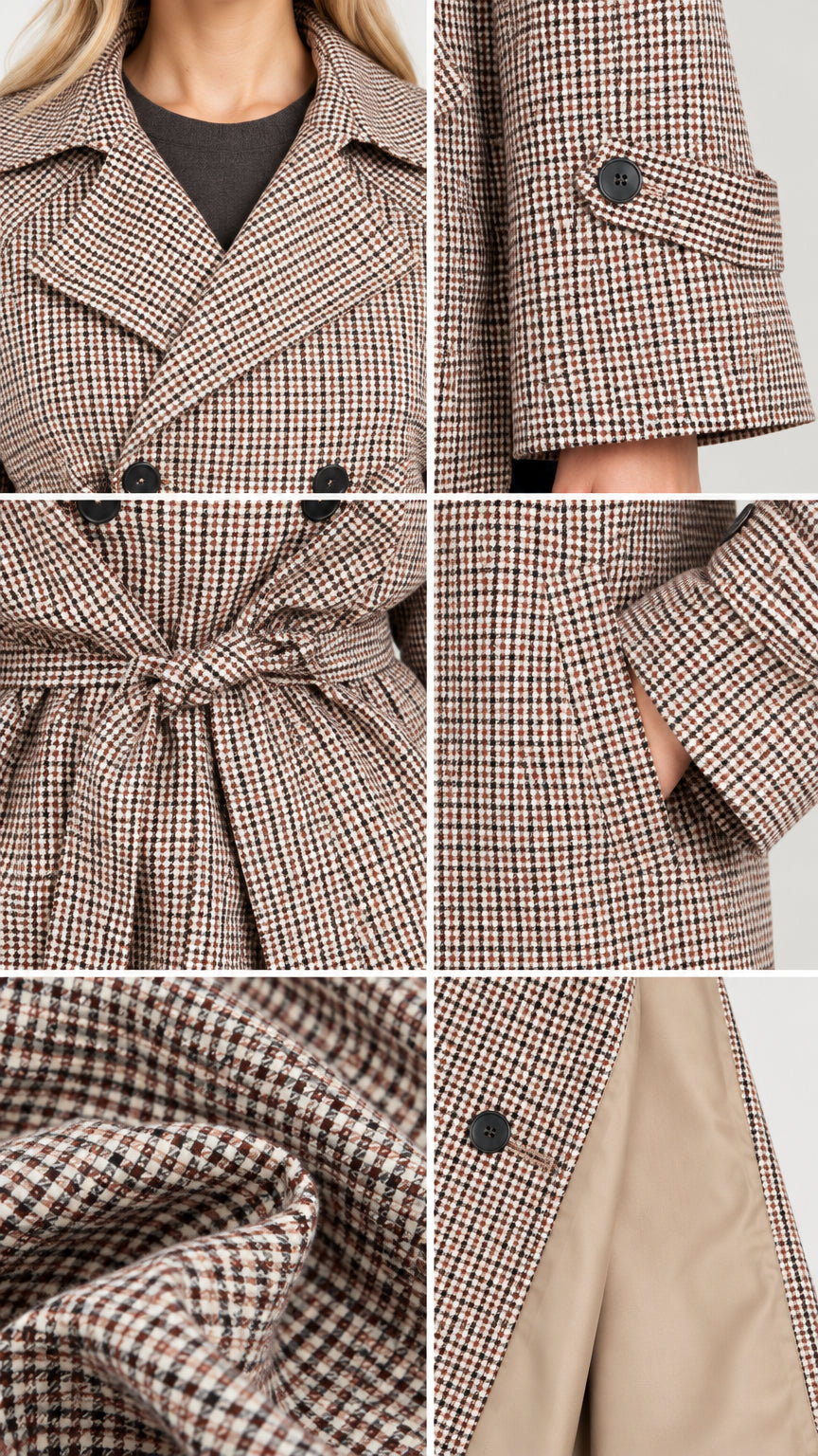 Detailed close-up collage of collar, sleeve button tab, tie belt, pockets, and lining