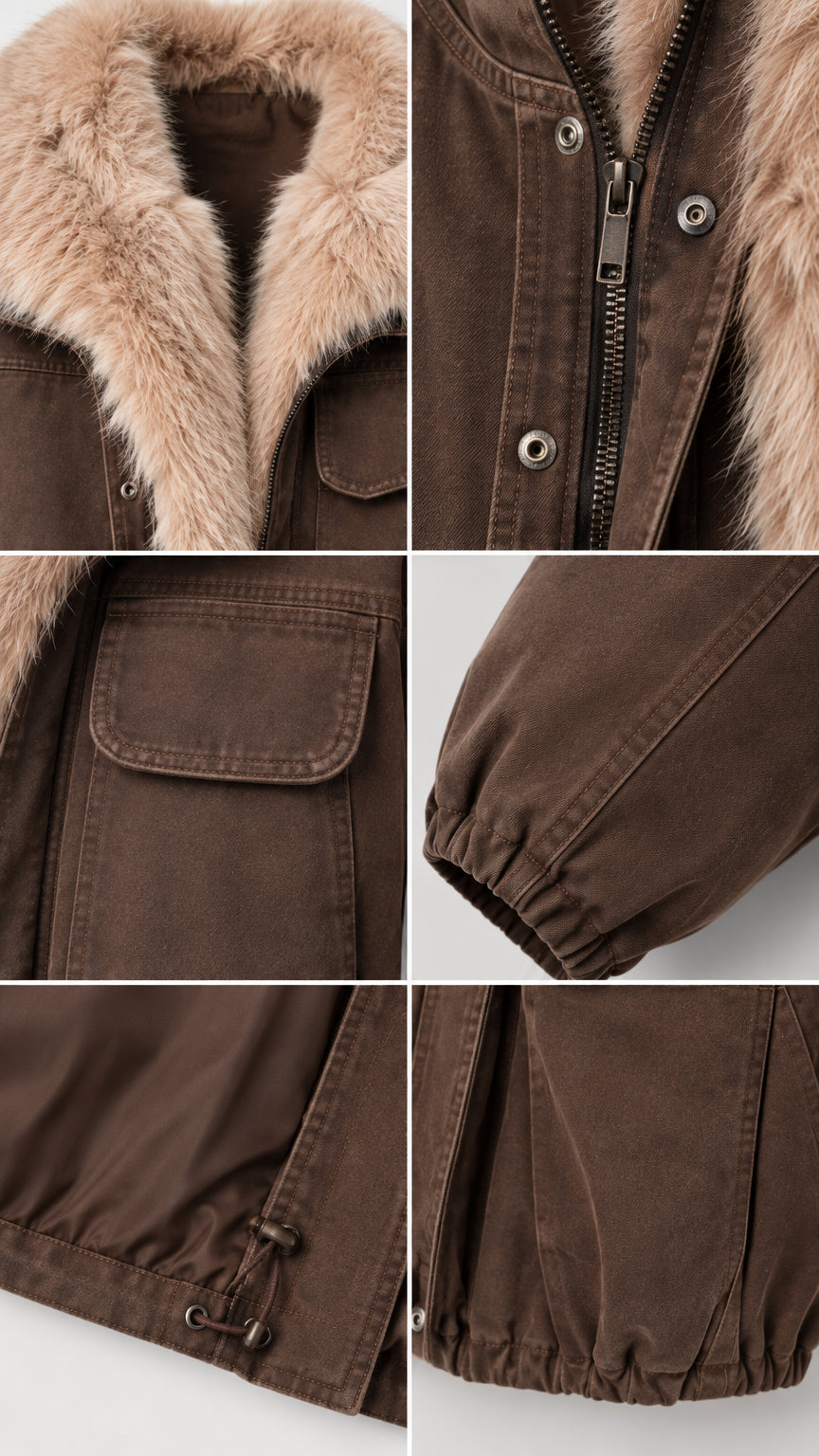 Detailed collage showing faux fur collar, zipper hardware, flap pocket, and cinch hem