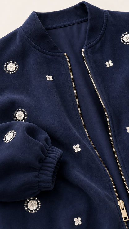 Close-up detail of Navy Blue bomber jacket showing zipper and pearl floral embellishments