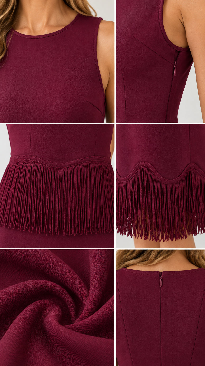 Close-up details of burgundy maxi dress showing neckline, hidden zipper, texture, and fringe