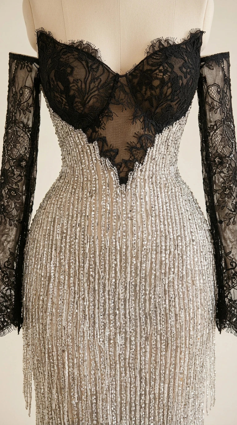 Close-up detail of black scalloped lace bustier and shimmering silver beaded fringe skirt
