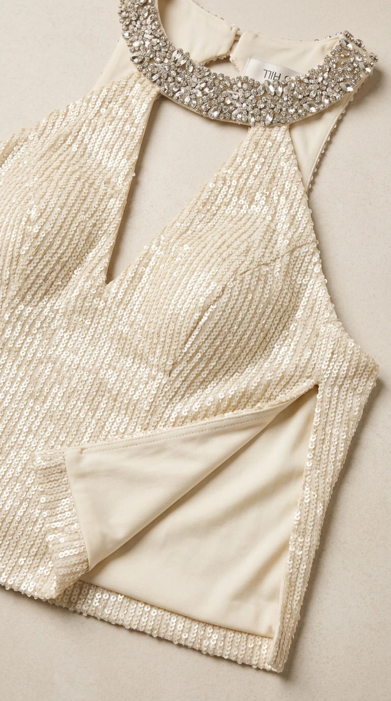 Close-up detail of rhinestone jeweled halter neckline and sequined lined fabric