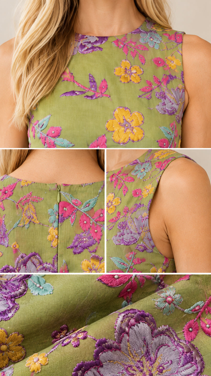 Detailed close-up views of neckline, embroidery texture, and back zipper on sage green dress