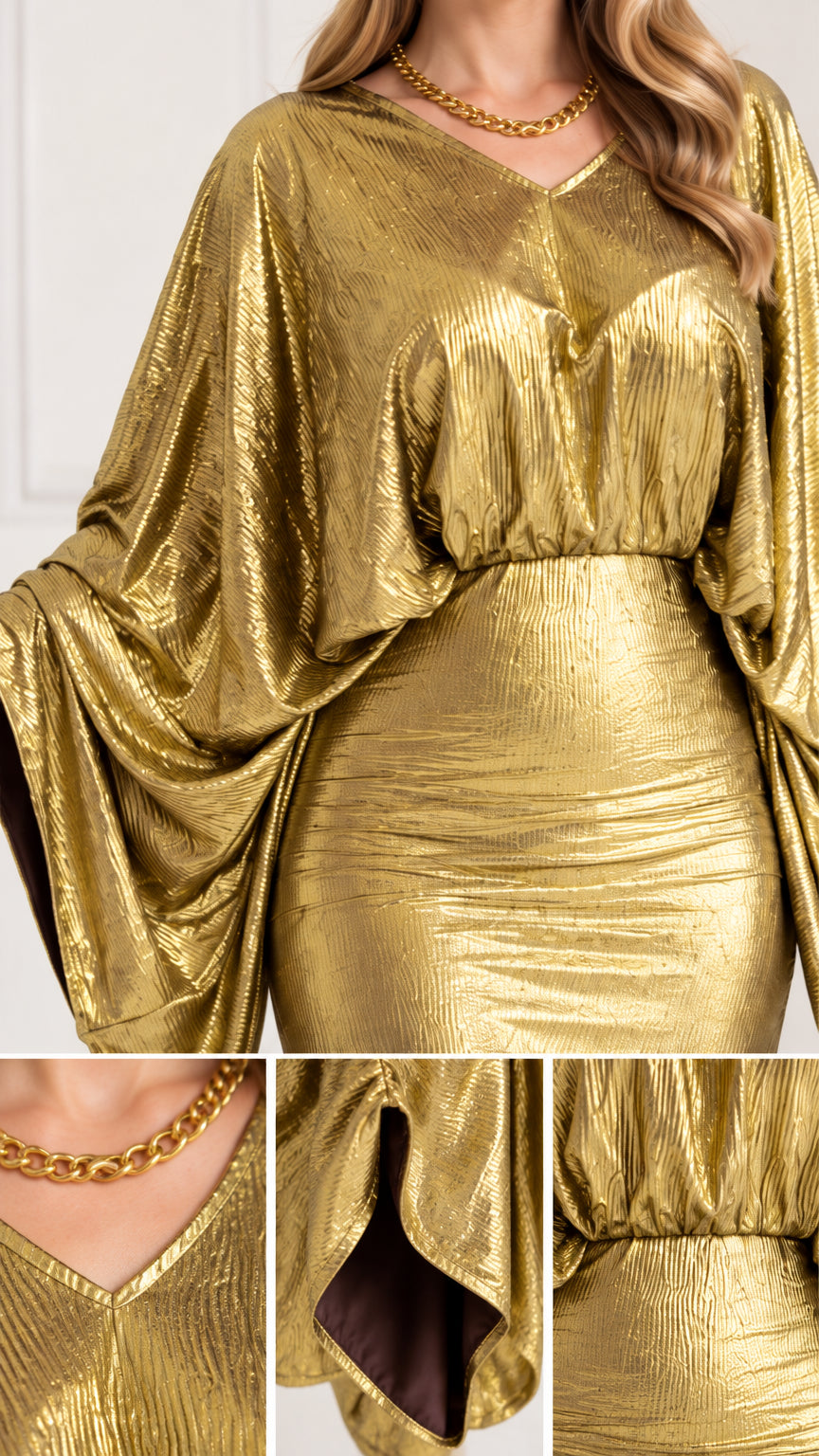 Close-up detail collage of gold metallic fabric texture, neckline, and draped sleeves