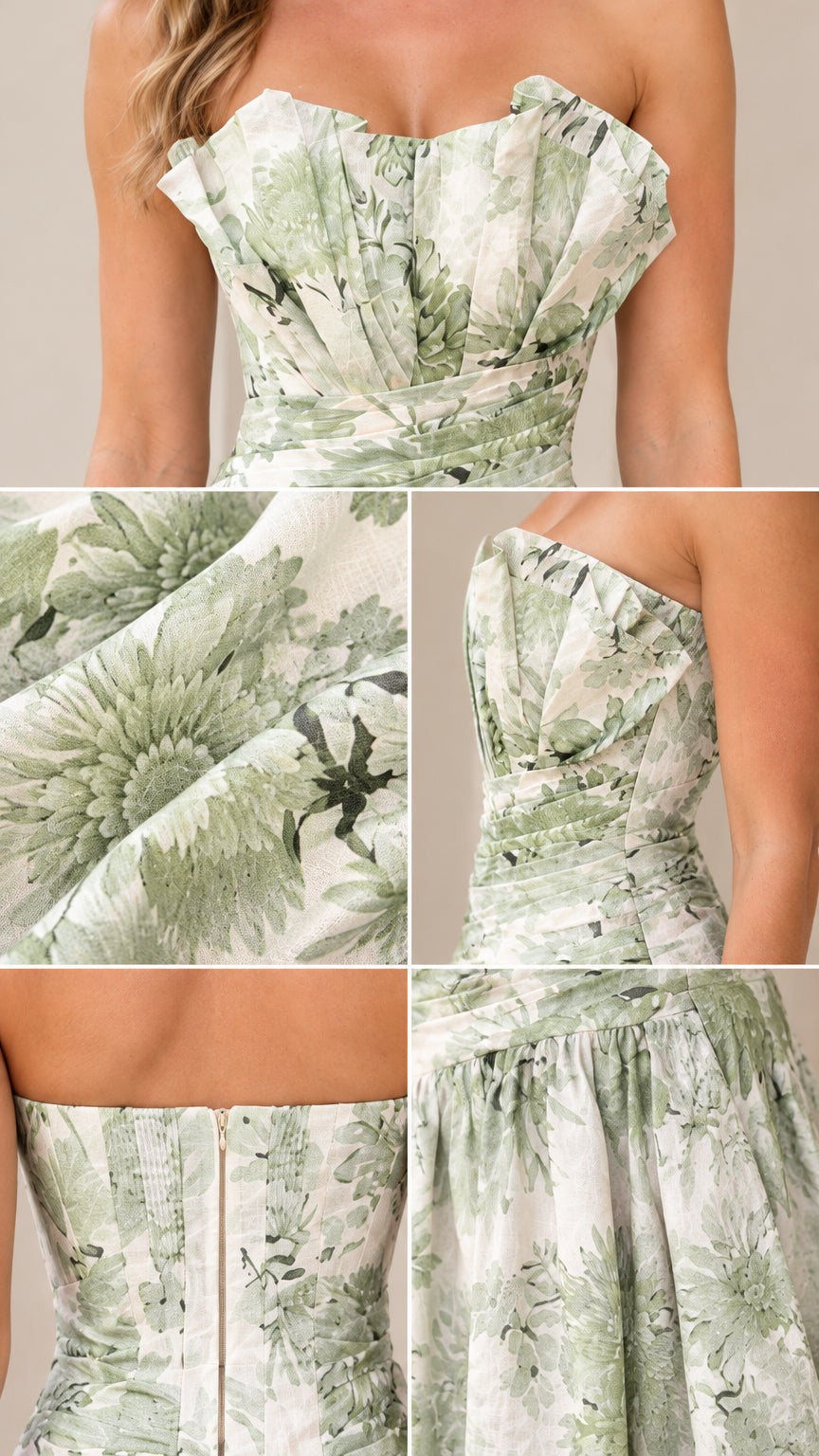 Close-up details of folded sweetheart neckline and floral woven fabric texture