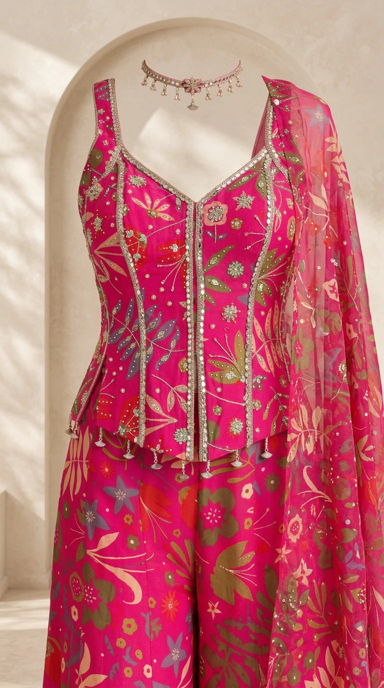 Close-up detail of fuchsia corset bodice with embroidered trim and tassel hem