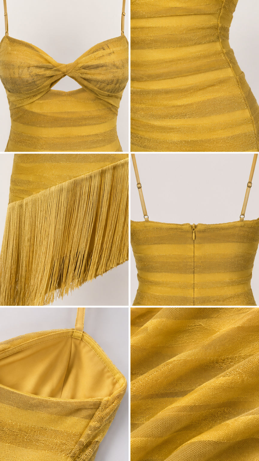Detailed close-up collage of bust cutout, ruched fabric texture, fringe hem, zipper, and inner lining