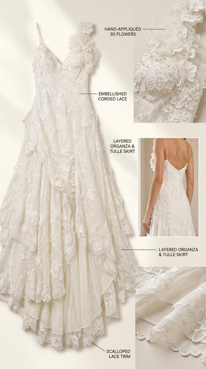 Detailed product flat lay and fabric close-up of corded lace and 3D floral appliqués