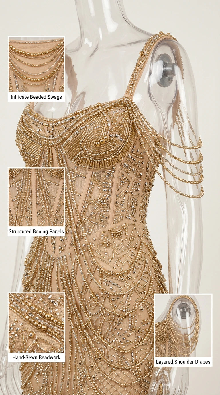 Close-up details of Gold beaded mini dress showing structured boning and layered shoulder drapes