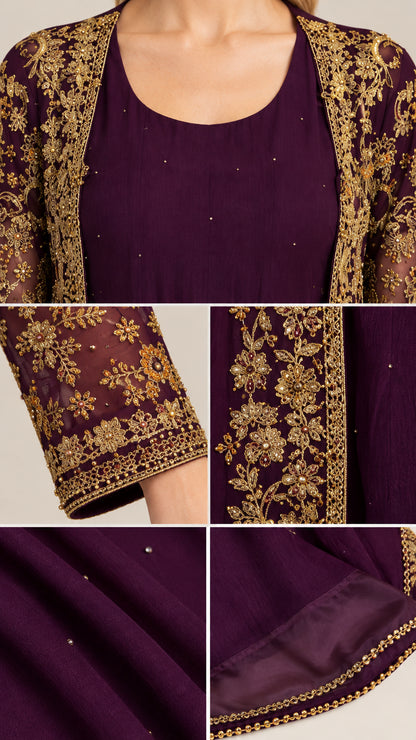 Close-up details of intricate gold embroidery on sleeve cuffs and sheer fabric
