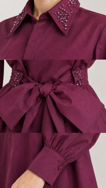 Close-up details of beaded collar, tie waist belt, and cuffed sleeve