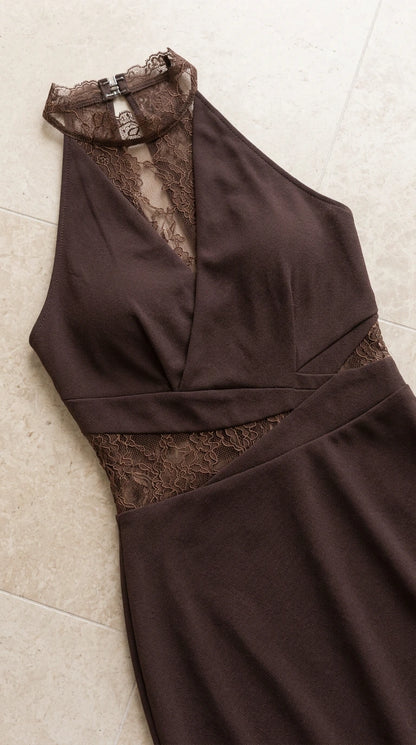 Close-up detail of chocolate brown dress halter neckline and lace panels