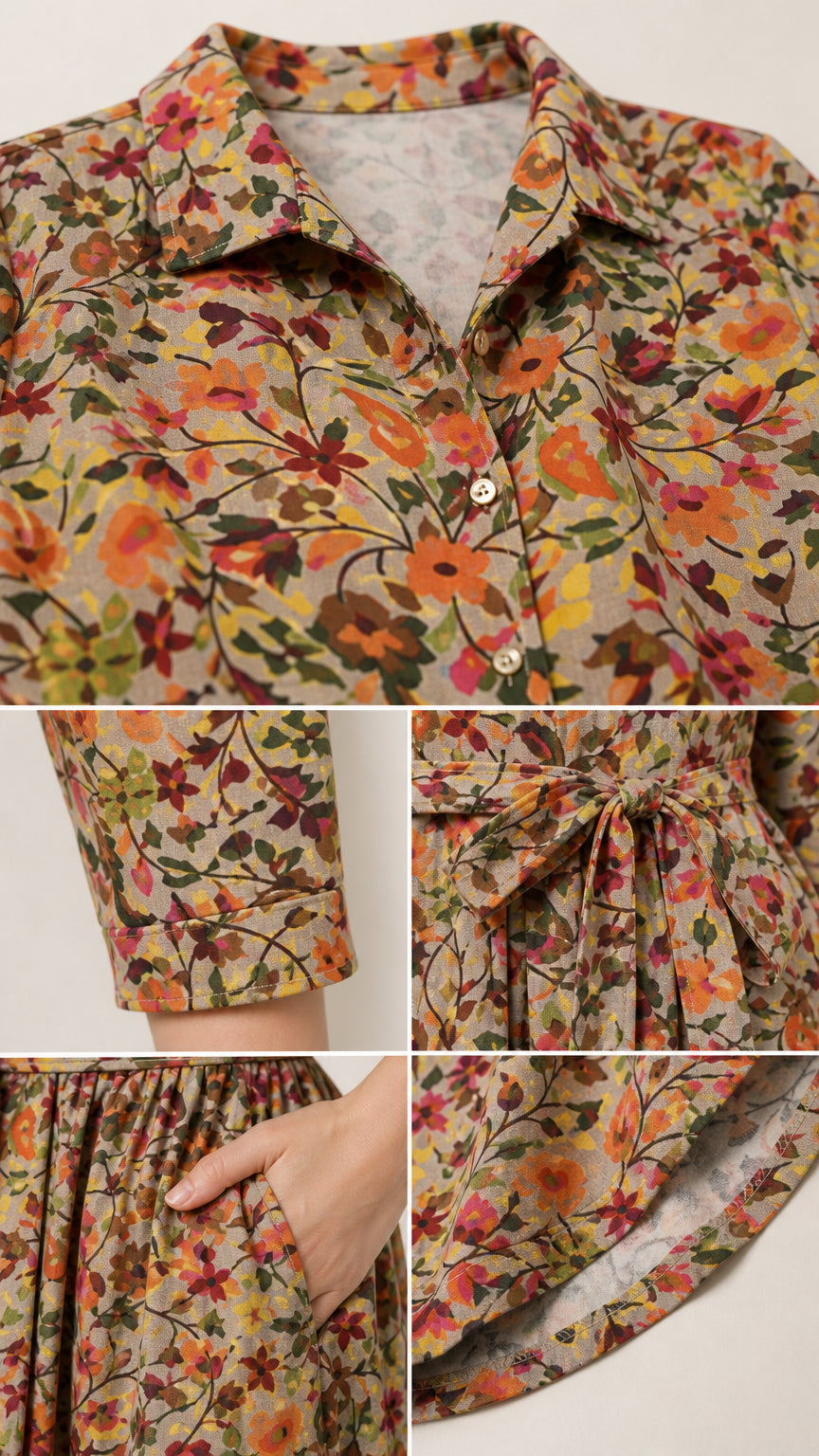 Close-up collage of collar, cuffs, belt, pocket, and hem details on floral shirt dress