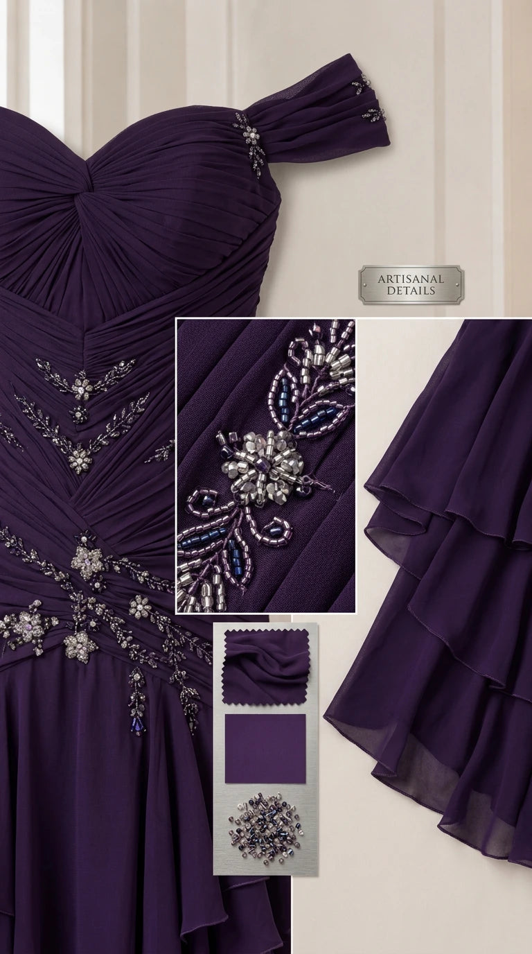 Close-up detail of bodice ruching, floral beadwork, and sheer tiered chiffon layers