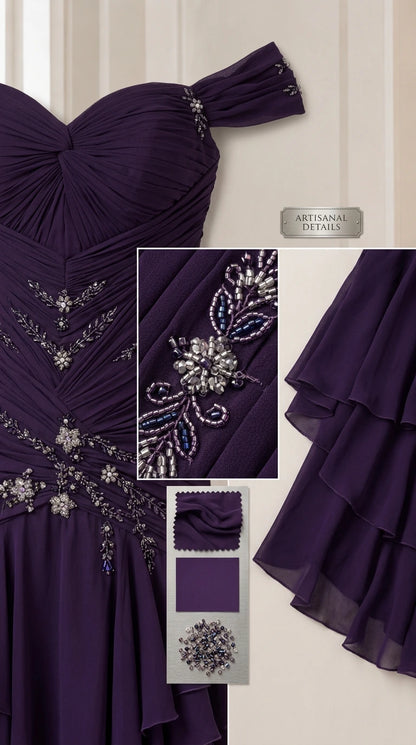 Close-up detail of bodice ruching, floral beadwork, and sheer tiered chiffon layers