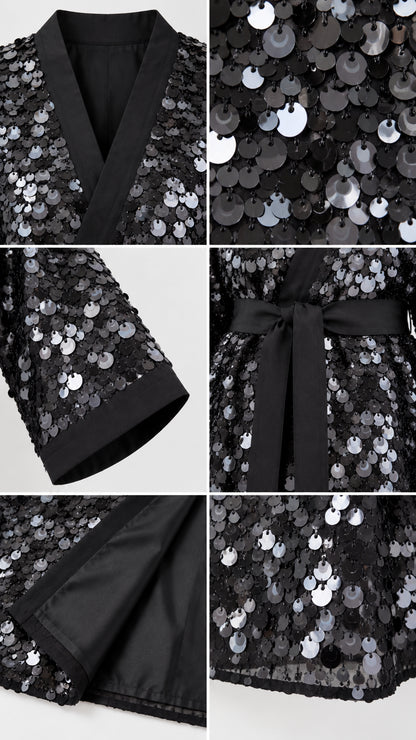 Detailed close-up views of Black sequin wrap jacket fabric, neckline trim, cuffs, and inner lining